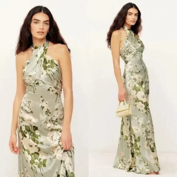 green emerald velvet dress Liv Gown in Tarragon with Wildflower Clusters